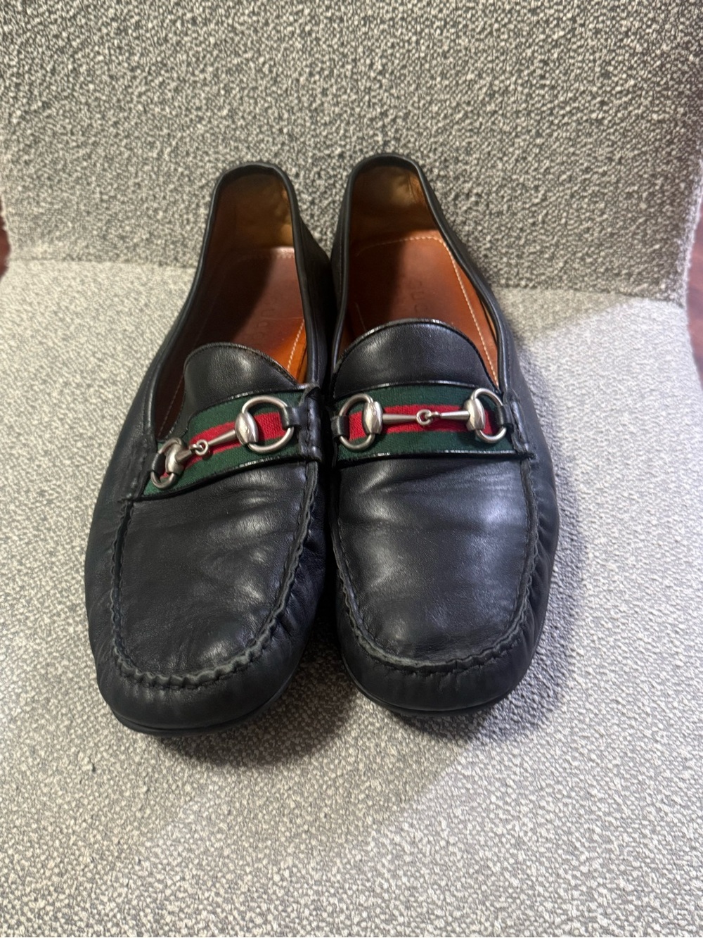 Gucci Men's Black Leather Loafers with Green-Red Webbing 11.5 47
